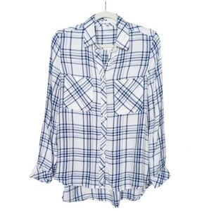 LAJU Stitch Fix Blue White Plaid Omaha Two Pocket Top Long Sleeve Women's Medium